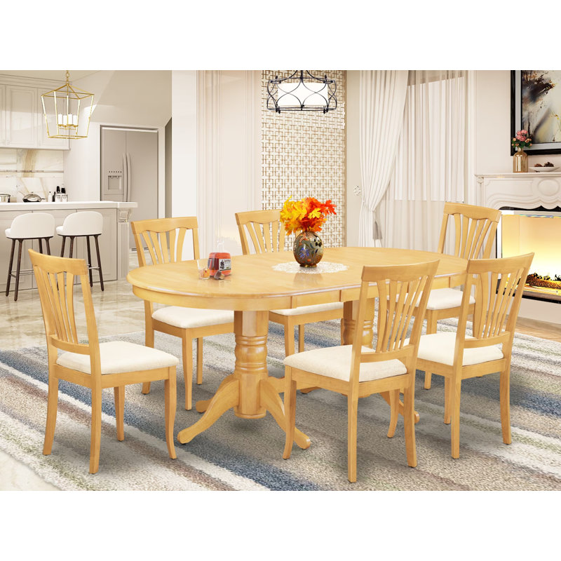 7 Piece Dining Table Set Consist of an Oval Dinner Table with Butterfly Leaf and 6 Linen Fabric Dining Room Chairs, Oak