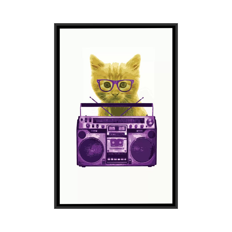 «Hipster Kitty», impression sur toile, H 60 po x l 40po x P 1,5 po, Toile avec cadre noir, Pas de tapis