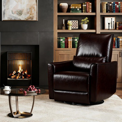 Ergonomic Swivel Rocking Recliner Chair with High Backrest & Deep Seat, Manual PU Leather Glider Featuring Padded Armrest & Lumbar Support for Living Room, Dark Brown