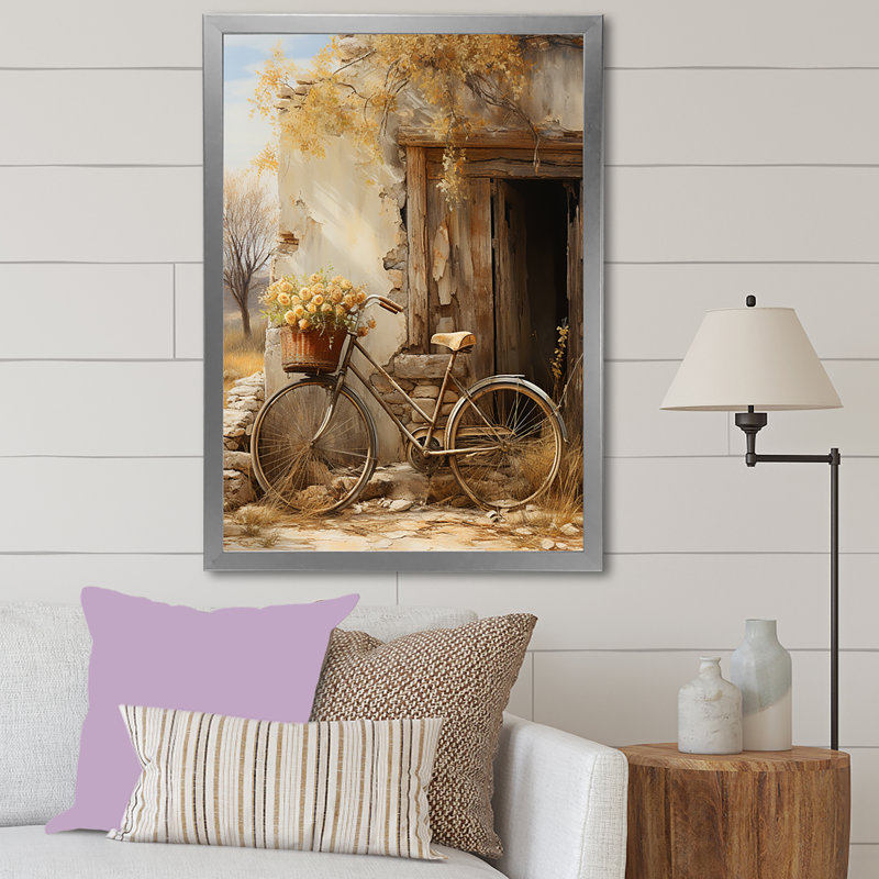 Olive, sortie rétro - bicyclette, art mural sur toile, H 32 po x l 16 po x P 1 po, Cadre simple argenté
