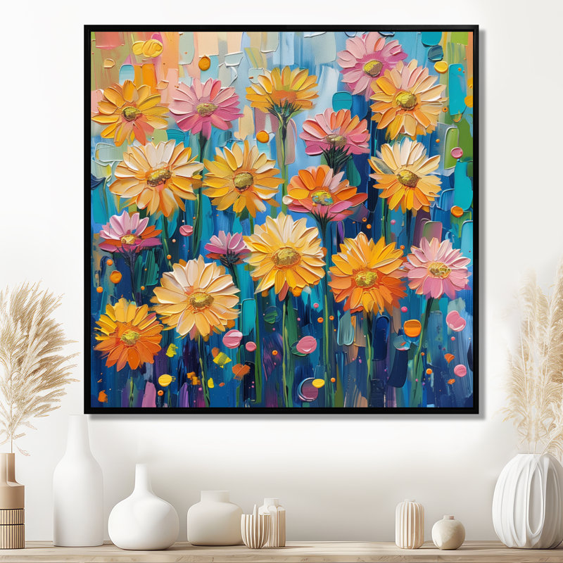 «Daisy» - art mural jaune, Cadre flottant noir, H 16 po x l 16 po