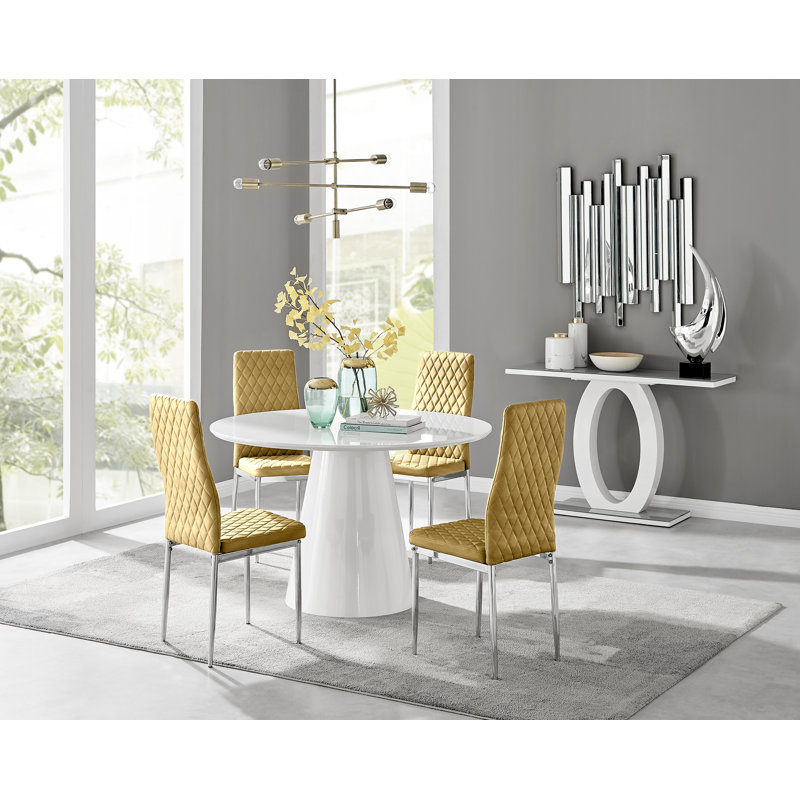 Beca Statement Pedestal Round Dining Table Set & 4 Luxury Velvet Dining Chairs, White, Cream/Gold