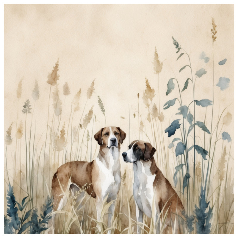 Deux chiens dans l'herbe, toile tendue dans de nombreuses tailles, 12 x 12 pouces