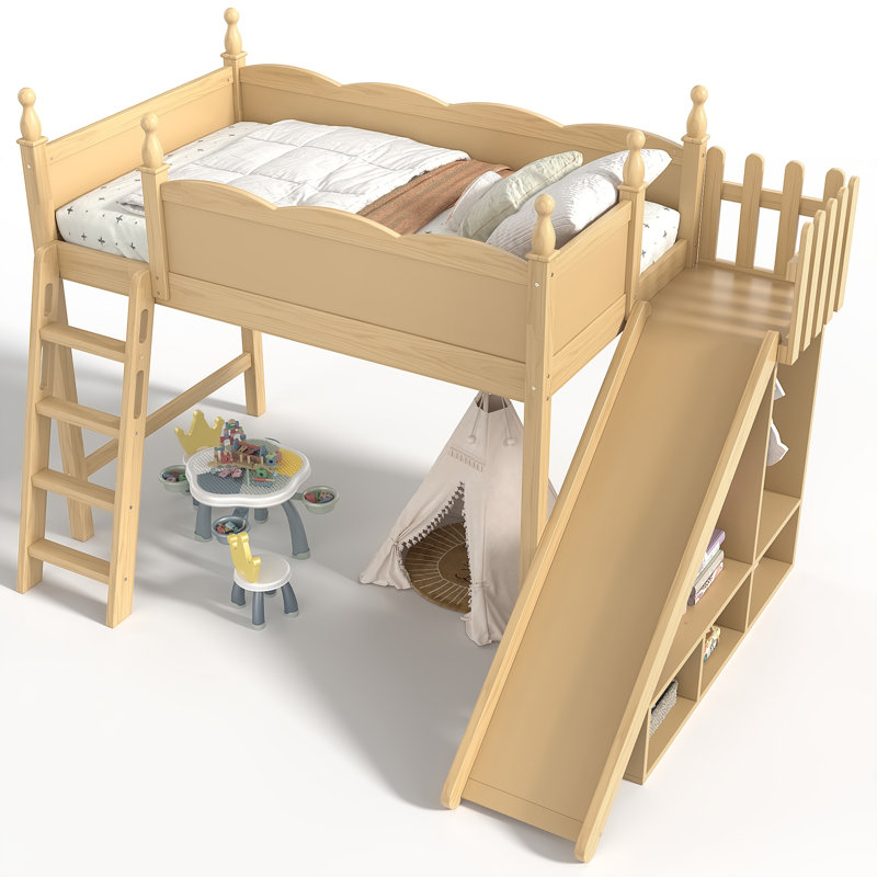 Lit mezzanine double avec tablettes de rangement et garde-robe, lits mezzanine en bois massif avec glissières amovibles et échelles, aucune boîte à ressorts nécessaire, naturel
