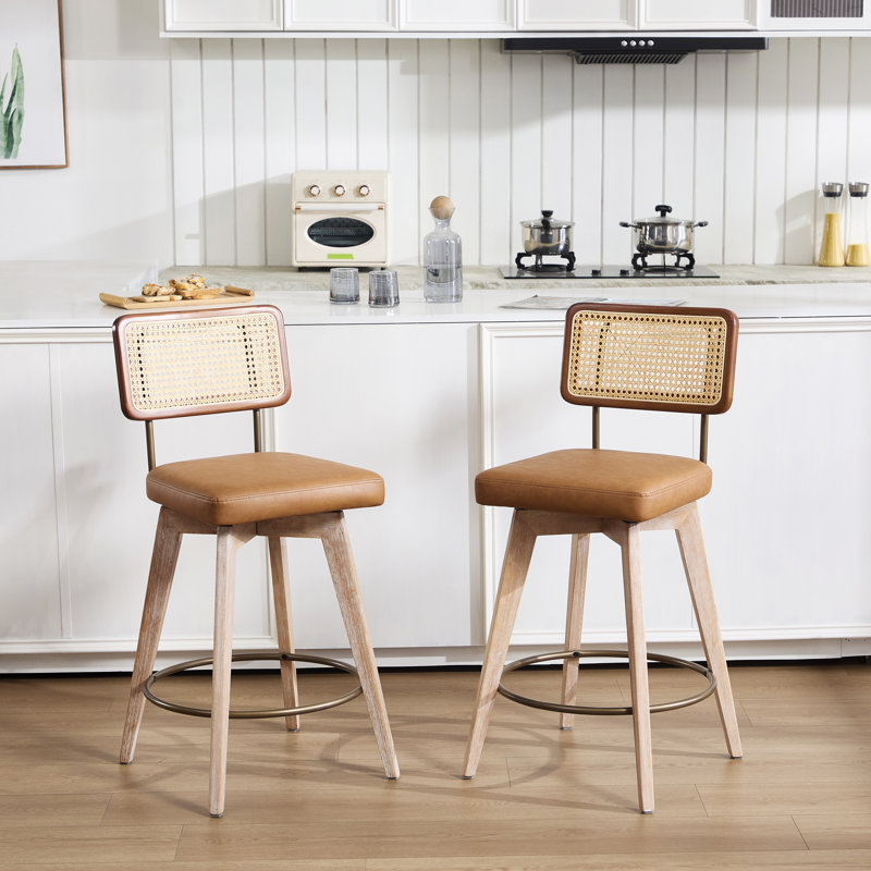 Winston Swivel Upholstered 26.2'' Counter Stool with Rattan Cane Back and Solid Wood Frame, Brown