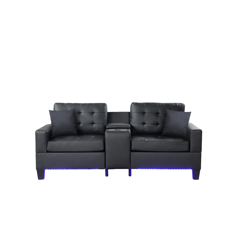 Tissu noir de 85 po de largeur avec lumières à DEL, chargeurs, console de rangement et merveilleux sièges arrière, porte-gobelets élégants, coussins confortables