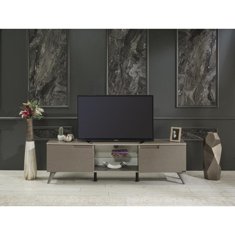 Denver Mid Century Modern Tv Stand 2 Door Cabinets 1 Glass Shelf 66 Inch Tv Unit, Brown