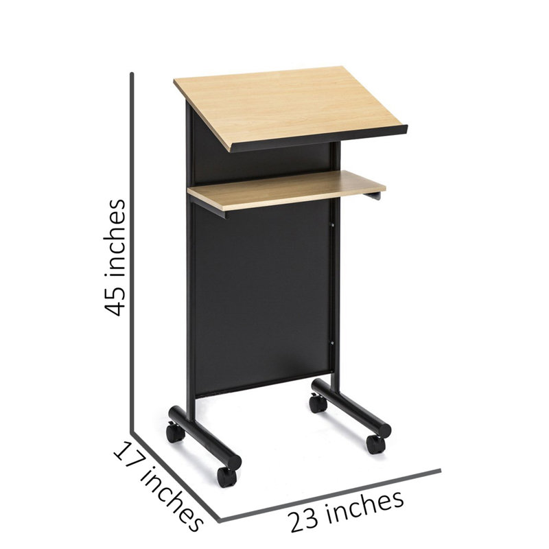 Beech and Black Metal Standing Desk with Wheels and Shelves