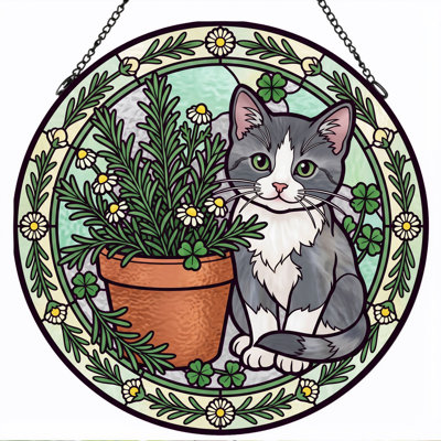 Cat Garden Stained Glass Window Panel，7.8H