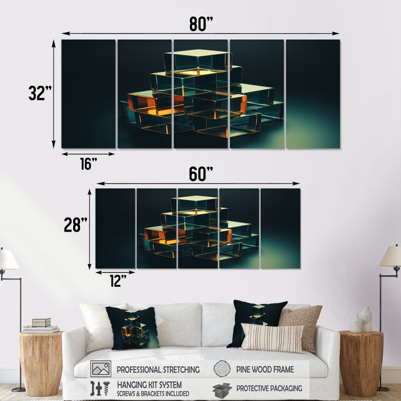 «Teal Cubist Balance», ensemble de 5 décorations murales abstraites, H 32 po x l 80 po