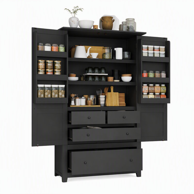 Armoire de cuisine haute autoportante de style campagnard avec 2 portes de style Shaker, 6 tablettes de porte, 4 tiroirs et 2 étagères réglables