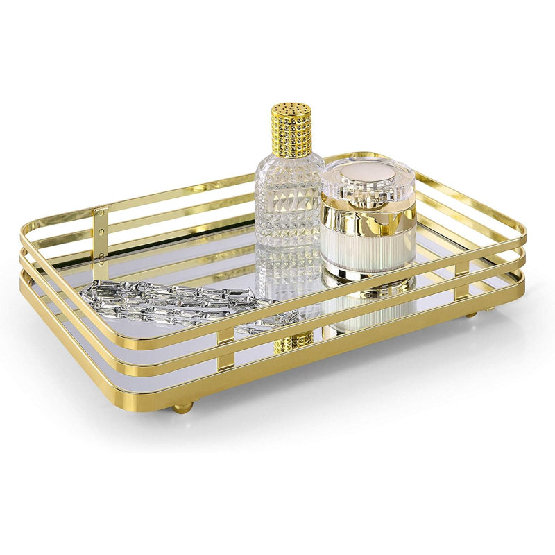 Polished Gold Classic Mirrored Vanity Tray - Perfume/Makeup/Jewelry Organizer for Dresser, Gold