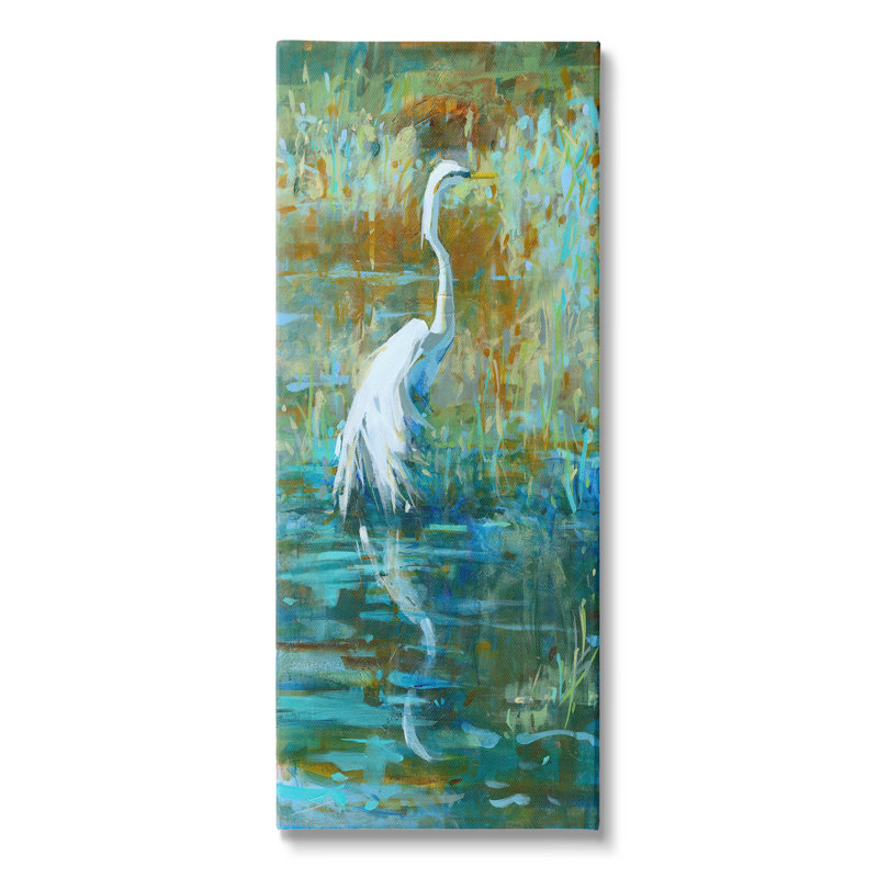 «Au-453», toile «Aigrette», natation, étang, nature sur toile par Kathleen Broaderick, peinture, H 30 po x l 13 po x P 1,5 po