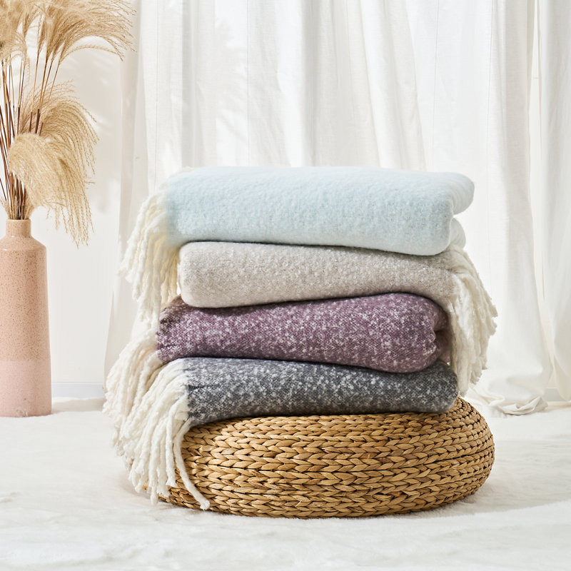 Faux Mohair Throw - Soft Fringed Blanket, Beige