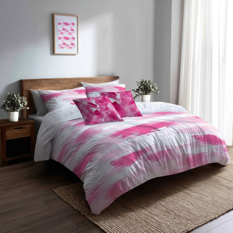 Ensemble de literie moderne 5 pièces pour adolescents - Ensemble de housse de couette et coussin décoratif Abstract Pink Horizon