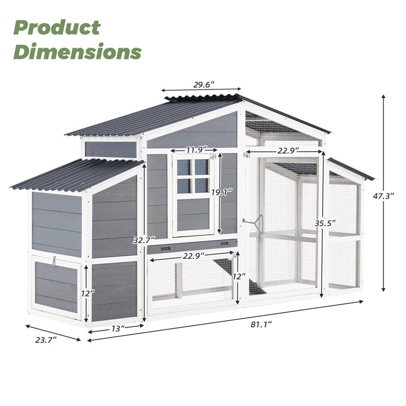 Large Gray and White Wooden Chicken Coop with Run