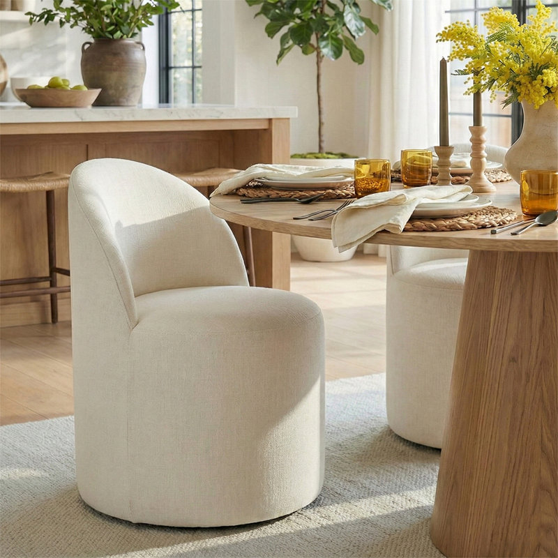 6 - Person Dining Table Sets With Round Table & 6 Upholstered Fabric Chairs, Natural, White
