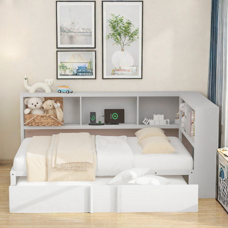 Metal Full Size Daybed With Trundle, Storage Cabinets And Usb Ports, White