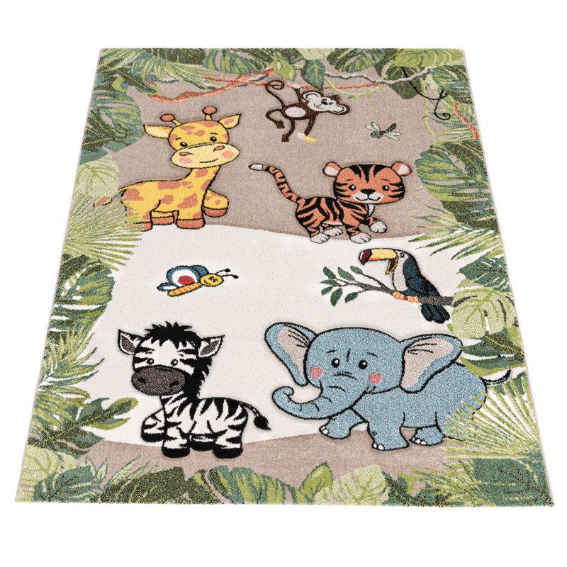 Colorful Jungle Animals Square Kids Rug in Beige and Green