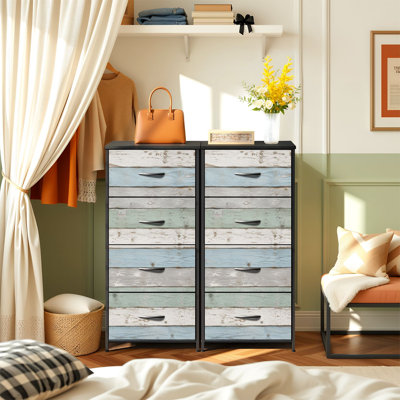 Commode pour chambre à coucher avec 4 tiroirs de rangement en bois vieilli bord de mer aux couleurs pastel et commodes