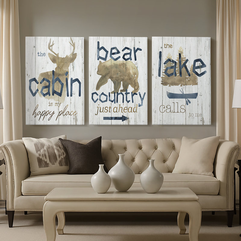Happy Place Cabin - Toile tendue avec châssis sur mesure - 3 pièces, H 12 po x l 24 po