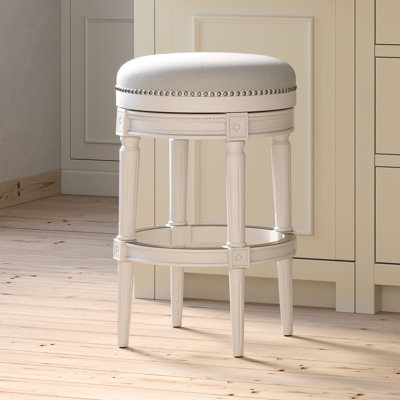 Tabouret pivotant en bois de 31 po de hauteur sans dossier 31 po avec hauteur personnalisable, siège à 360 °, garniture cloutée appliquée à la main, repose-pieds en métal, rembourré gris et blanc, parfait pour le divertissement à domicile pivotant de 31 po
