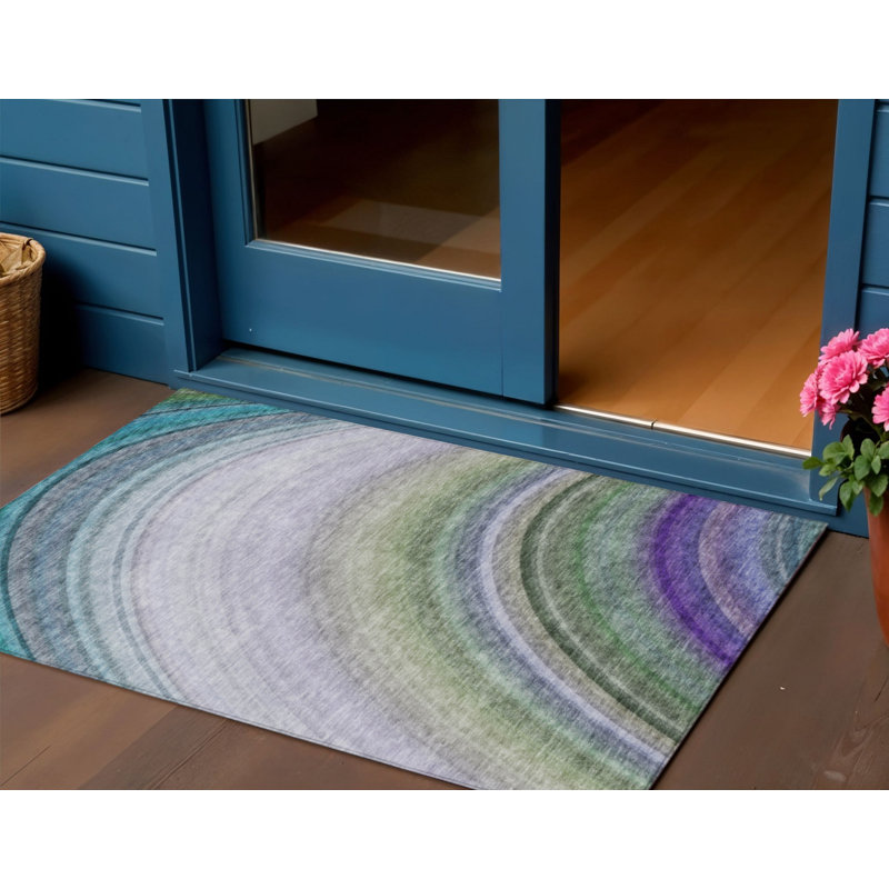 3' X 5' Teal Blue Artichoke Green And Green Abstract Washable Indoor Outdoor Area Rug