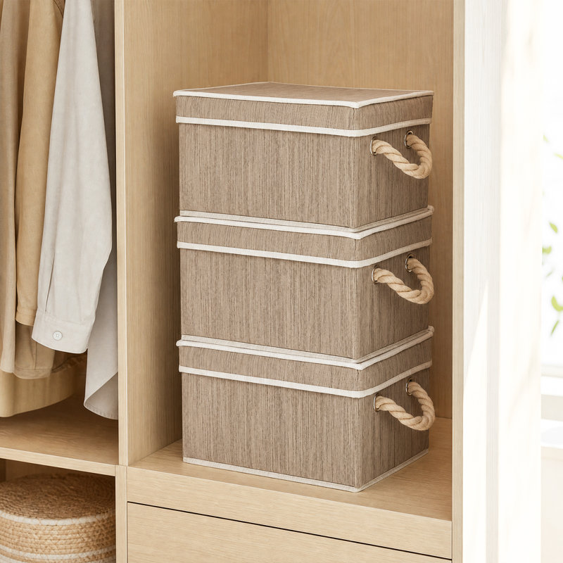 Boîtes de rangement pliables en tissu avec couvercles, empilables et munies de poignées, pour placard ou étagères, gain de place pour la chambre - Lot de 3 - Brun clair - 30 x 23 x 17 cm