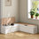 Banc de coin en L pour chaussures avec rangement de grande capacité et coussins optionnels en plusieurs couleurs