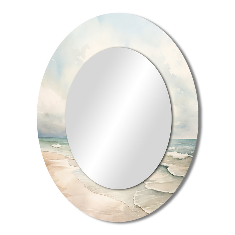 Soft Color Beach Horizon IV - Grand miroir mural ovale sur métal, 43 po x 33 po
