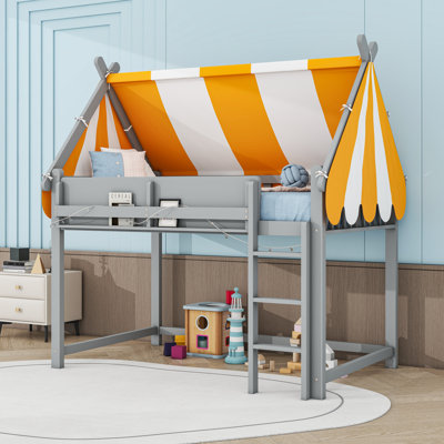 Wood Loft Bed With LED Lights And Canopy