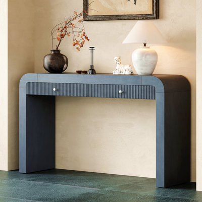 Console avec façade de tiroir cannelée, table d'entrée avec coins incurvés et pieds épais, table de canapé robuste