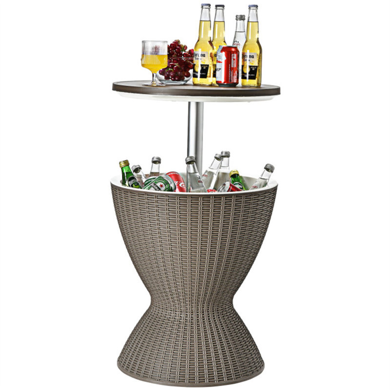 Table d'appoint de 8 gallons avec plateau de table extensible en rotin et hauteur réglable, refroidisseur de boisson pour terrasse avec capacité de charge de 165 lb et bouchon de drain