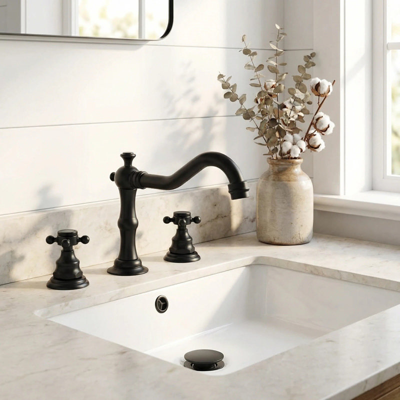 Farmhouse 8 In. Widespread Double Handle Bathroom Faucet 3-Holes With Pop-Up Drain Assembly , Matte Black