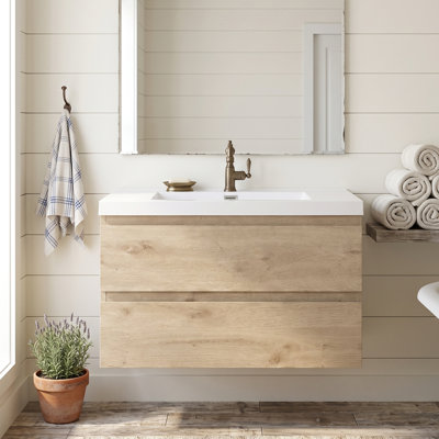 36" Wood Melamine  Wall‑Mount Bathroom Vanity Natural Wood, Wear‑Resistant, Anti‑Scratch and Non‑Porous Easy‑Clean Surface, Pre-Assembled