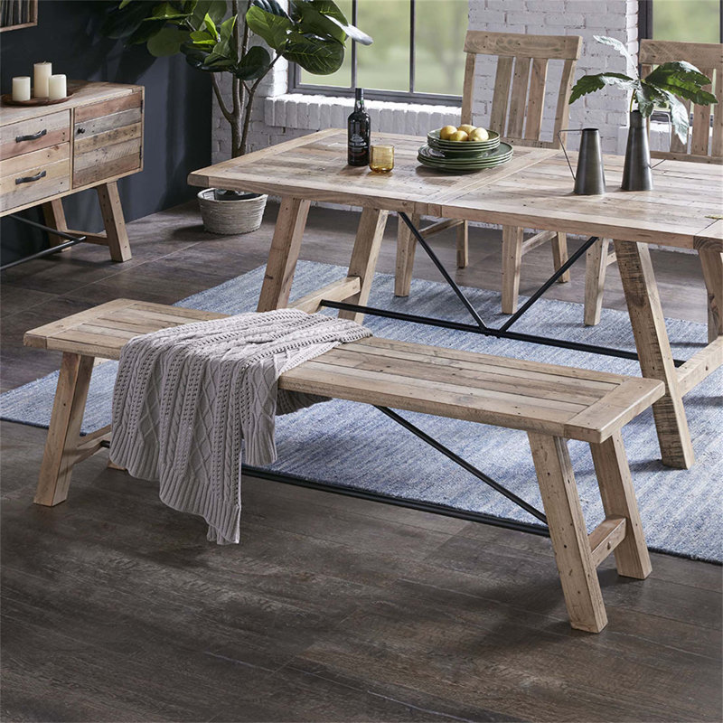 Banc de salle à manger rustique en bois de pin massif avec rallonges en métal, sièges confortables pour trois personnes, finition patinée pour un attrait naturel