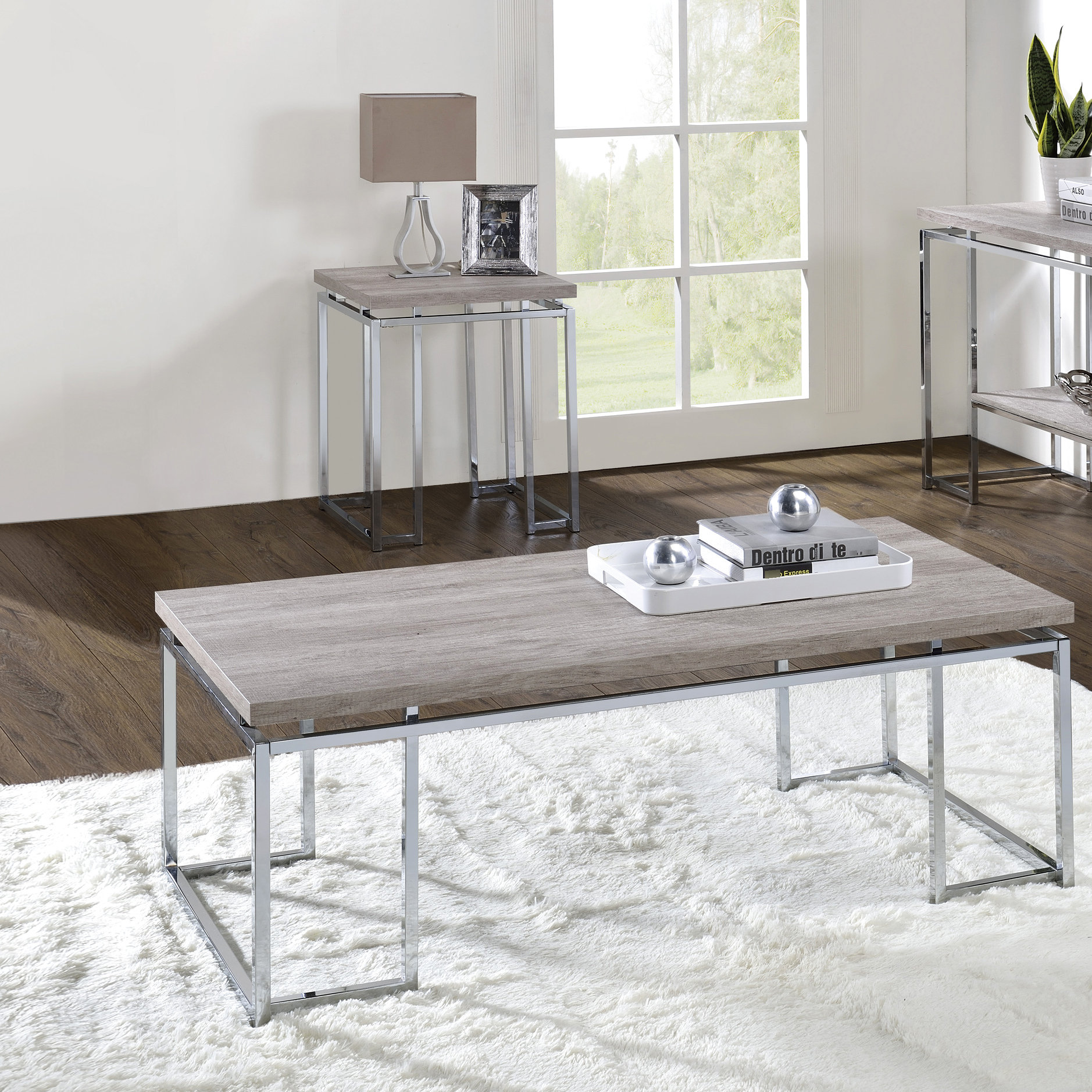 Orren Ellis Natural Oak And End Table With Practical Metal Sled Modern ...
