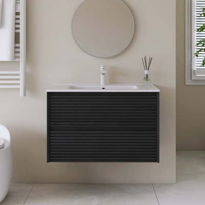 Meuble-lavabo mural simple avec plateau en céramique intégré blanc