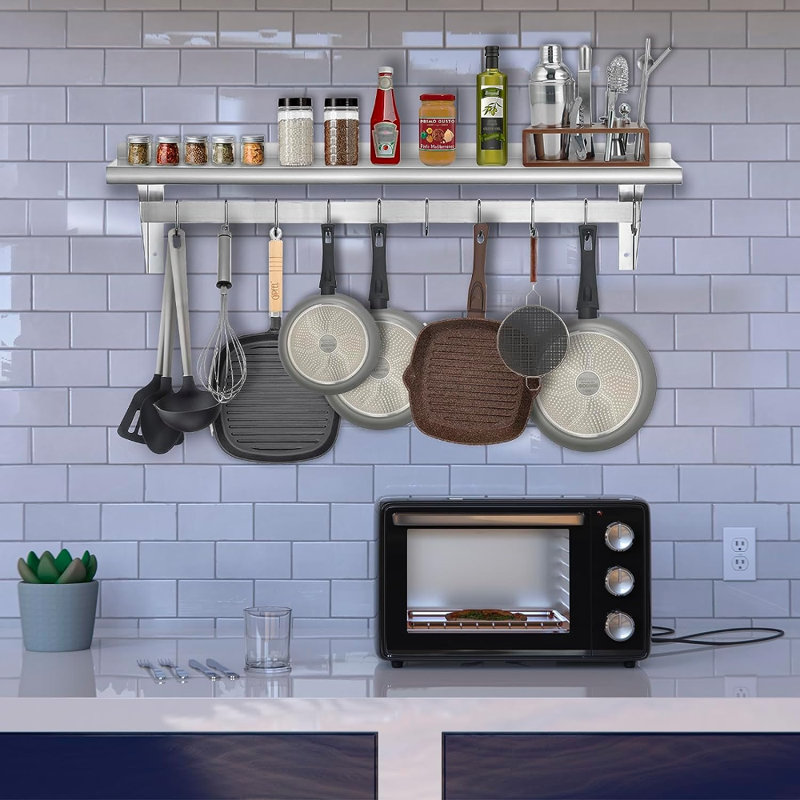 Stainles Steel Rectangle Wall Mounted Pot Rack, 11" H x 48" W x 12" D