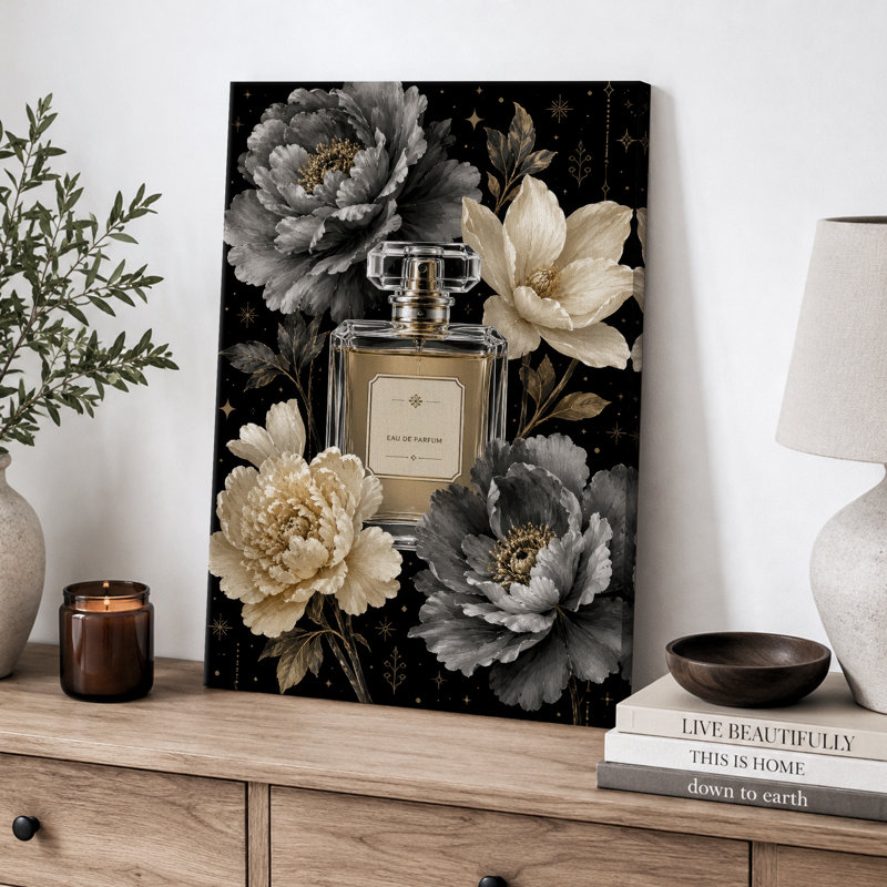 Bouteille de parfum noir doré avec des fleurs élégantes, images de chambre à coucher, impression sur toile encadrée