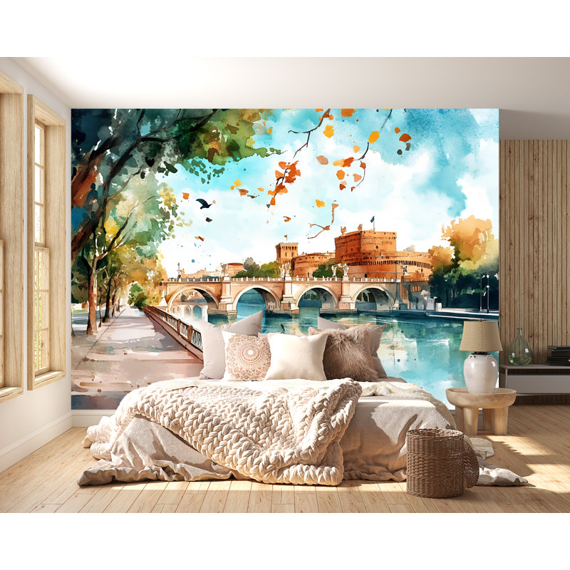 Papier peint pont et rivière Rome, Italie, Italie, L 165 po x l 120 po, Adhésif