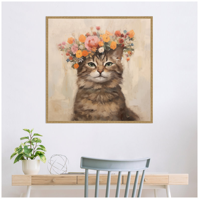 «Adorable Floral Boho Cat» par The Creative Bunch Studio, reproduction d'art sur toile encadrée, Tanné