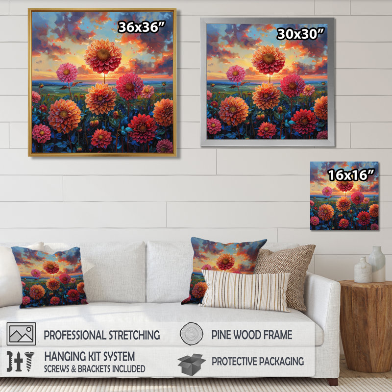 Orange orange rose coucher de soleil Dahlia Field II - Dahlia Wall Art Living Room, H 16 po x l 16 po, Cadre flottant brun