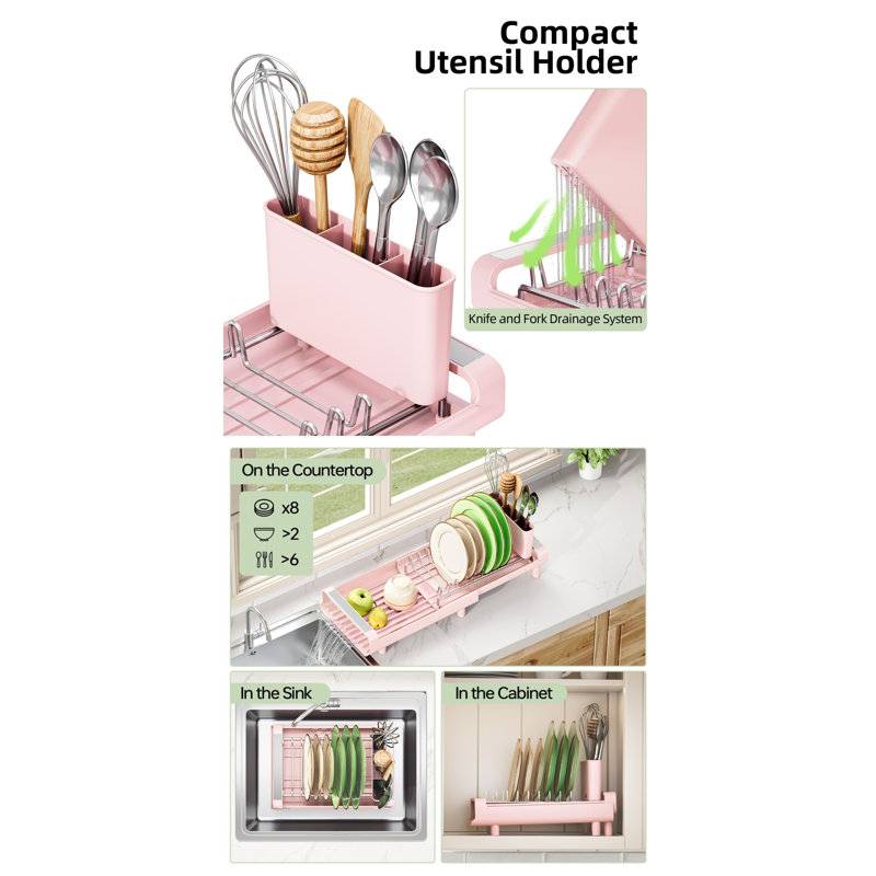 Égouttoir à vaisselle compact extensible, en acier inoxydable, convenant à un évier / comptoir, peu encombrant, Rose