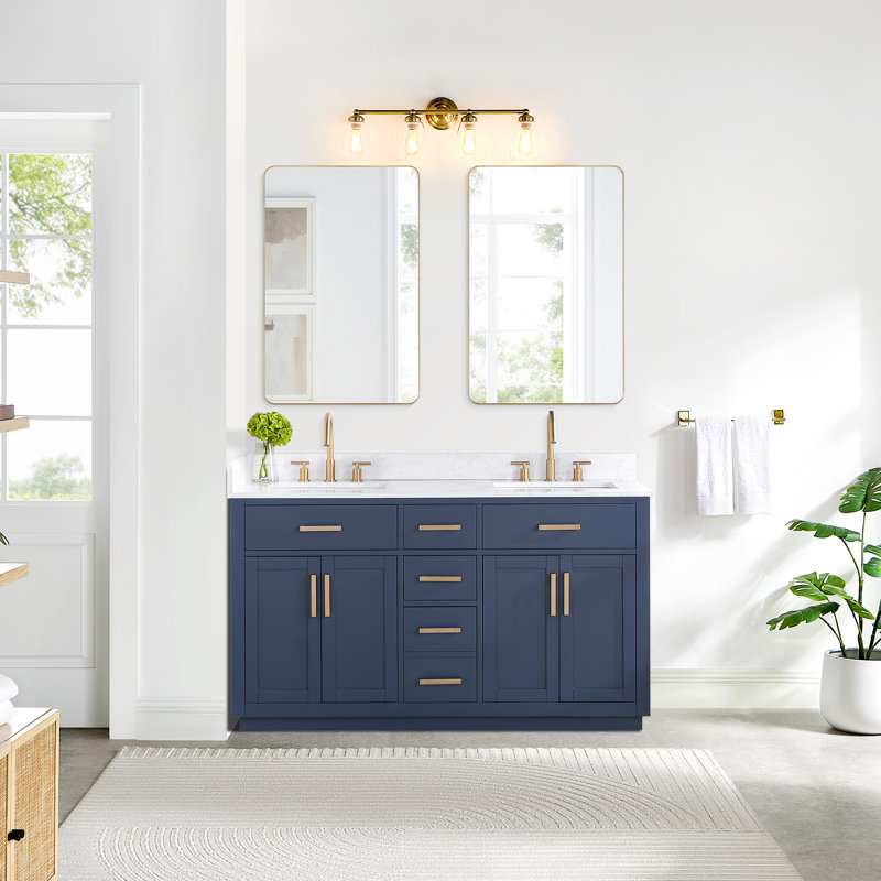 Ensemble de meuble-lavabo double 60 po Gavino, Bleu royal, Or