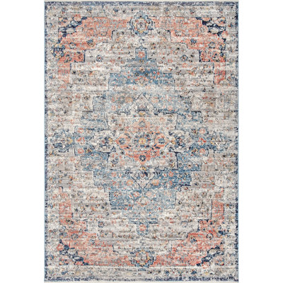 Deja Traditional Power Loom Performance Coral/ Navy Rug