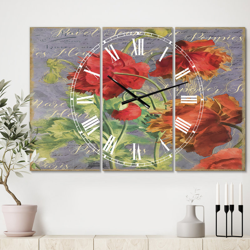 Horloge murale à 3 panneaux Red Poppies - Large Cottage