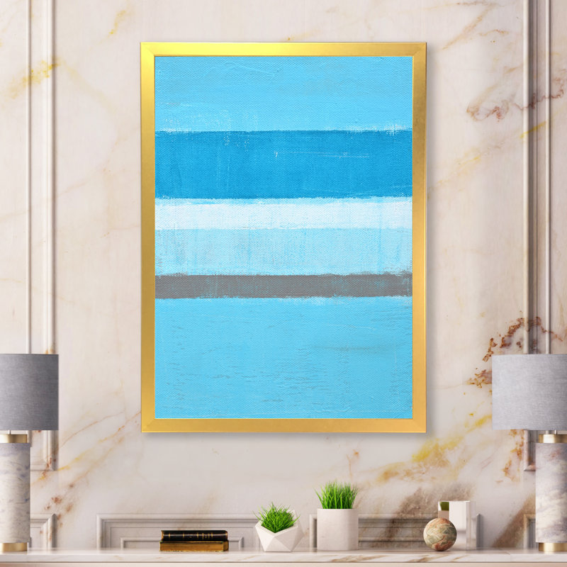 Turquoise et gris, art abstrait - décoration murale moderne en toile, H 44 po x l 34 po x P 1,5 po, Toile encadrée dorée