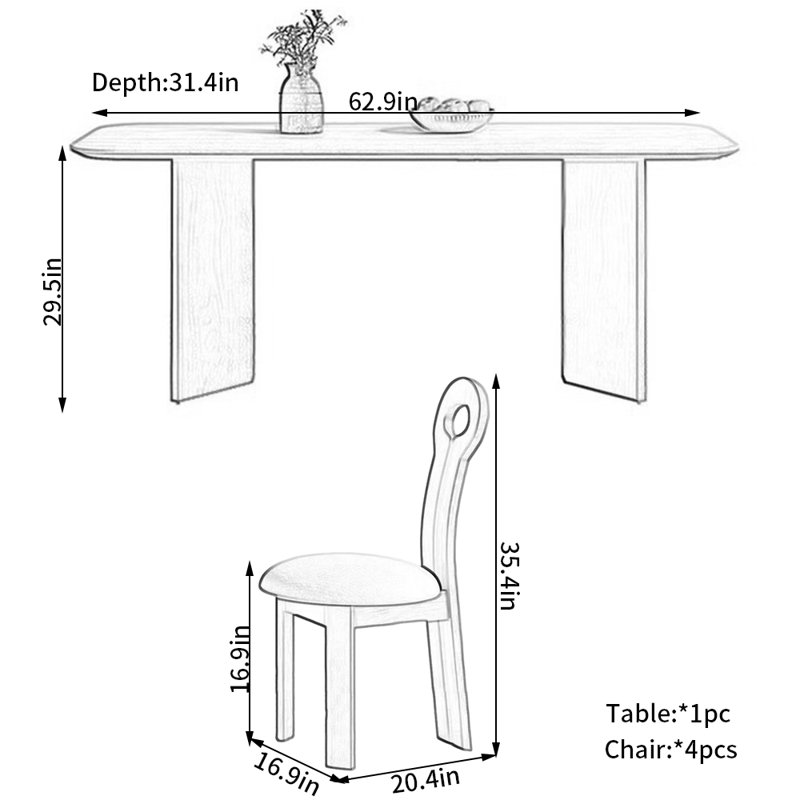 Ensemble de salle à manger Vintage Rock Plate, H 29,5 po x L 62,9 po x l 31,4 po
