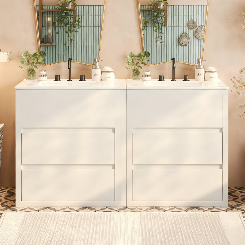 Meuble-lavabo double 60 po avec lavabo en céramique et tiroirs cloisonnés, Blanc